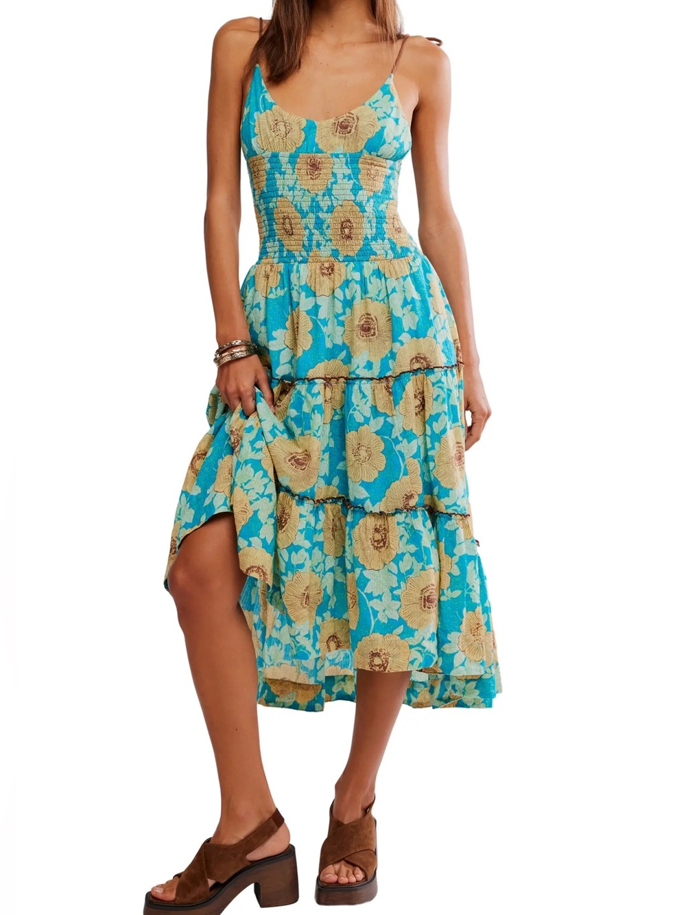Free People Adriel Tie Strap Tiered Midi Dress Turquoise Size XL NWT